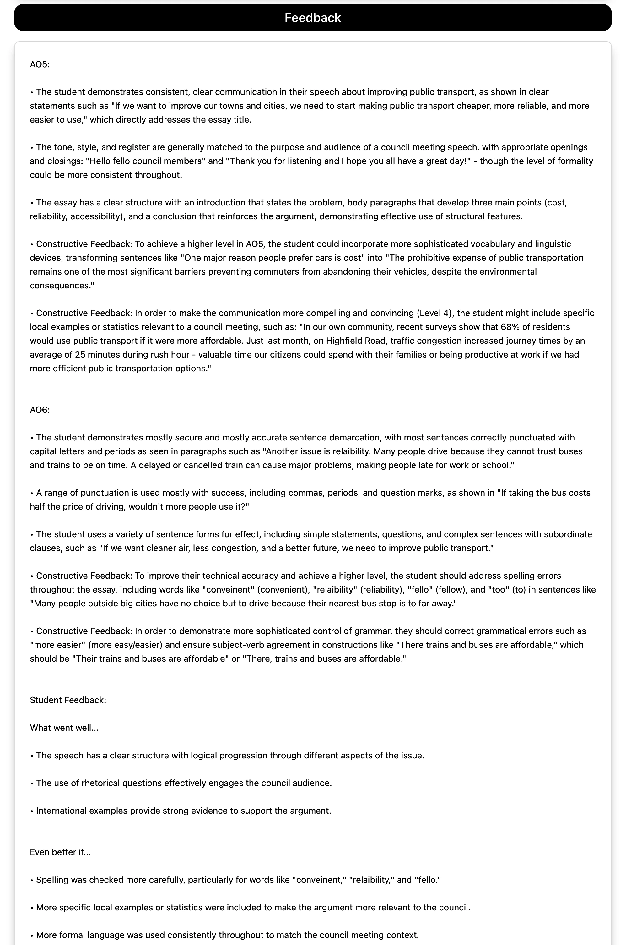 Top Marks AI feedback output showing AO5 and AO6 assessment objective feedback with Constructive Feedback suggestions and student-friendly WWW/EBI summary