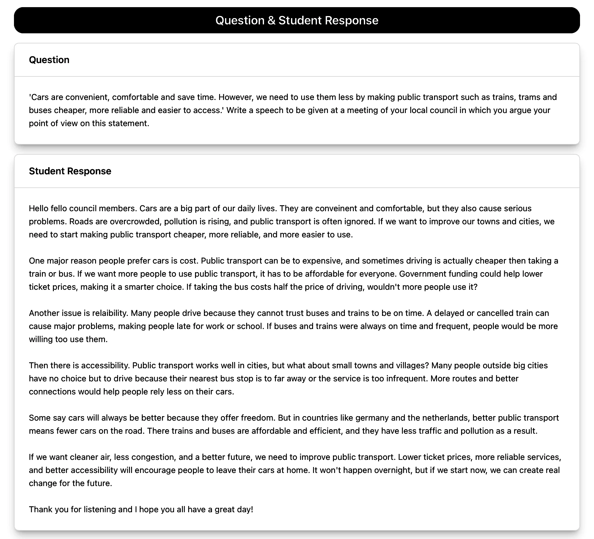 Top Marks AI — Question and student response interface showing an AQA English Language speech question