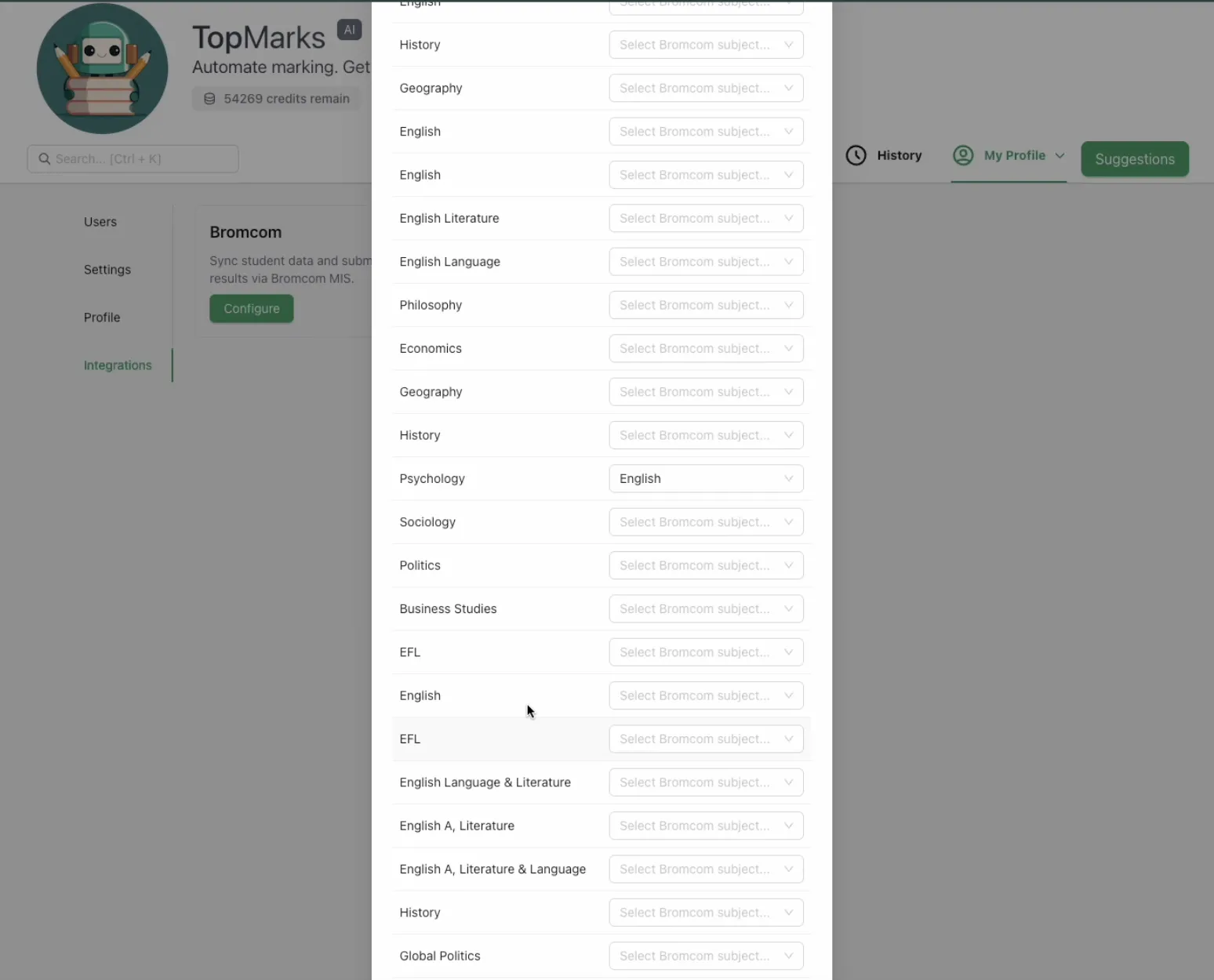 MIS Integration - Top Marks AI feature screenshot